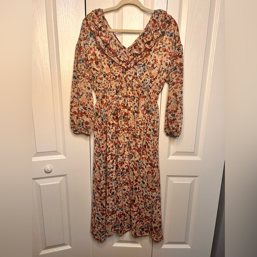 Entro Boho Long Sleeve Floral Chiffon V-Neck Tiered Midi Dress Multicolor Small
